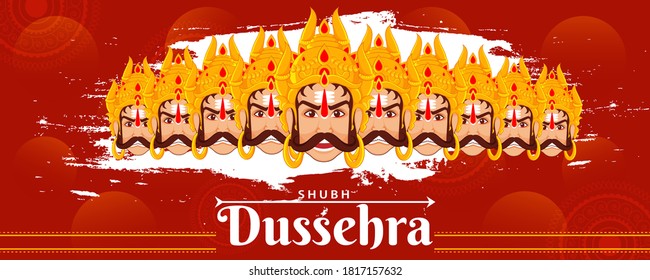 Shubh (Happy) Dussehra Header or Banner Design with Illustration of Ravan Demon Ten Heads Cut and White Brush Stroke Effect on Red Background.