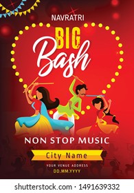 Shubh Navratri 2019 design for dandiya night utsav celebration with decorative element and floral frame and festival background with text
