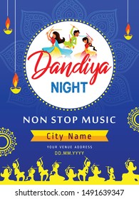 Shubh Navratri 2019 design for dandiya night utsav celebration with decorative element and floral frame and festival background with text