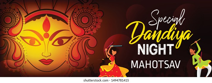 Shubh Navratri 2019 design for dandiya night utsav celebration with decorative element and floral frame and festival background with text