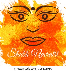 Shubh Navratri. Durga Puja. Greeting poster for Indian festival Desshra. Vector illustration with inscription and Goddess Durga on grungy colourful background with mandala.