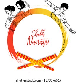 Shubh Navratri Frame With People Celebrating Garba And Dandiya.