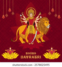 Shubh Navratri ,Goddess Durga on Lion Mount and Celebration of Nine Nights,Design for Navratri Decoration with glory and Pattern based background.