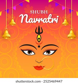 Shubh Navratri (Happy Navratri) ilustração vetorial. Eventos de celebração. Deusa Mahadevi no fundo gradiente laranja roxo