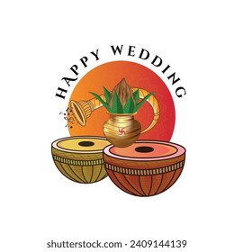 shubh vivah hindi slogan with kalash and indian wedding music instruments