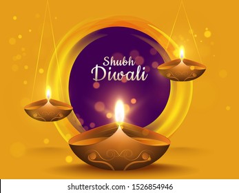 Shubh(Happy) Diwali text in circular purple bokeh effect on yellow background decorated with illuminated oil lamps.