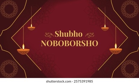 Shubho Noboborsho greeting card, with the phrase 'Shubho Noboborsho' (Bengali New Year greeting) written in bold golden text. The card features elegant designs with traditional diya (oil lamps) placed