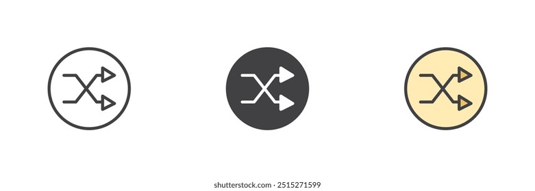 Shuffle button different style icon set. Line, glyph and filled outline colorful version, outline and filled vector sign. Symbol, logo illustration. Vector graphics