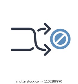 Shuffle icon, arrows icon with not allowed sign. Shuffle icon and block, forbidden, prohibit symbol. Vector illustration
