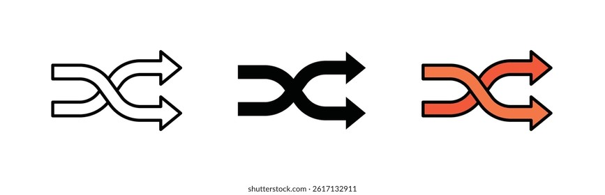 Shuffle icon, minimalist shuffle icon, vector design, stroke, black fill and color fill illustration, isolated on white background, suitable for webs and mobile apps