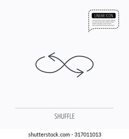 Shuffle icon. Mixed arrows sign. Randomize symbol. Linear outline icon. Speech bubble of dotted line. Vector