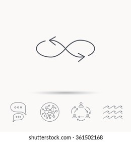 Shuffle icon. Mixed arrows sign. Randomize symbol. Global connect network, ocean wave and chat dialog icons. Teamwork symbol.