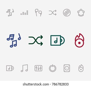 Shuffle and music icon line set with disk, melody and tone. Loud related music icon vector items for web UI logo design.