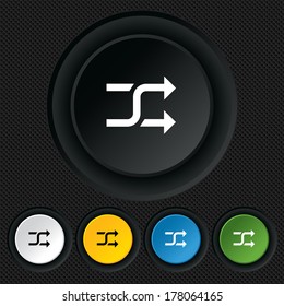 Shuffle sign icon. Random symbol. Round colourful buttons on black texture. Vector