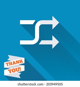 Shuffle sign icon. Random symbol. White flat icon with long shadow. Paper ribbon label with Thank you text. Vector
