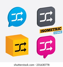 Shuffle sign icon. Random symbol. Isometric speech bubbles and cube. Rotated icons with edges. Vector