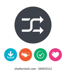 Shuffle sign icon. Random symbol. Download arrow, handshake, tick and heart. Flat circle buttons.