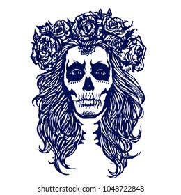 Shugar skull Santa muerte girl with day of the dead make up ink drawn line art vector illustration