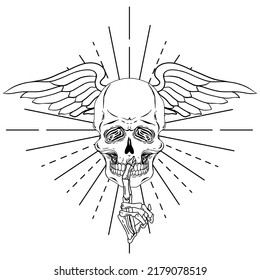 Shuhing skull. Hand drawn vector skull with wings and shushing skeleton hand isolated on white background. Monochrome. Tatoo. Poster. Vintage.