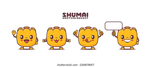 Mascota de dibujos animados Shumai con diferentes expresiones. Ilustración del vector de comida famoso en Asia.