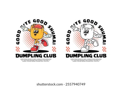 shumai chinese dumpling dim sum retro cartoon character mascot illustration with dancing pose for food, snack, restaurant, cafe mascots and merchandise