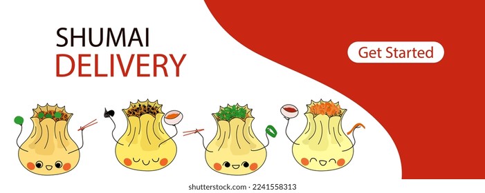 Shumai delivery page with dumpling characters vector illustration. Four smiled siu mai with chopsticks, sauces and decoration in hands. Traditional Chinese food banner
