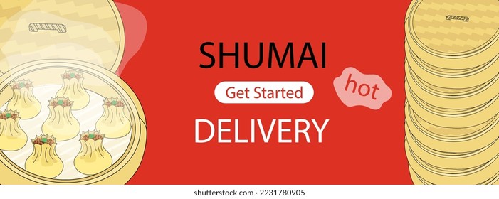 Shumai delivery page with hot dumplings in bamboo steamer vector illustration. Siu mai and stack of bamboo steamers isolated on red. Traditional Chinese food banner