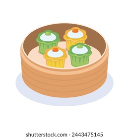 Shumai dim sum in bamboo steamer, vector illustration