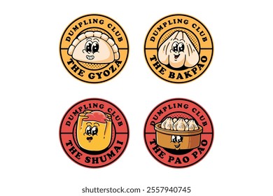 shumai, gyoza, ba pao, steam basket bowl  colorful cartoon character mascot illustration badge logo design set for food, snack, restaurant, cafe mascots and merchandise