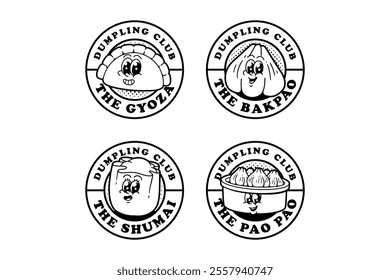 shumai, gyoza, ba pao, steam basket bowl  outline cartoon character mascot illustration badge logo design set for food, snack, restaurant, cafe mascots and merchandise