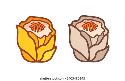 Shumai Siu Mai Siomay with yellow and grey skin dimsum colored vector icon set outlined isolated on plain horizontal white background. Simple flat minimalist chinese food dimsum drawing cartoon style.