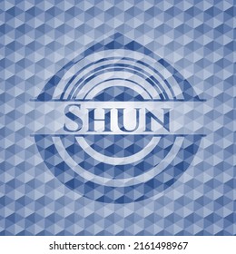 Blau glänzendes Emblem mit geometrischem Musterhintergrund. Vektorgrafik. Detaillierte Angaben. 