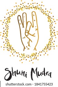 Shuni Mudra - gesture in yoga fingers. Symbol in Buddhism or Hinduism concept.Mudra breeds awareness of our inner divine "I" and contributes to life in the moment  Vector illustration.