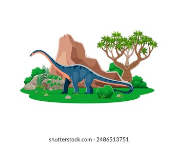 In: Shunosaurus prehistory dinosaur cartoon character. Isolierte Vektorgrafik antikes Herbivore Sauropoden Reptil Tier in natürlicher Umgebung mit Stein, Baum und Pflanzen. Mitteljurassische Paläontologie-Ära-Eidechse