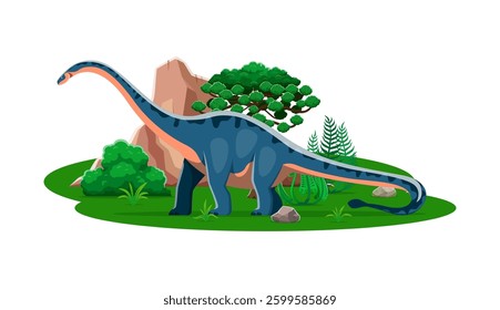 Shunosaurus prehistoric dinosaur cartoon character. Isolated vector ancient herbivore sauropod reptile animal in natural environment with rock, tree and plants. Mid Jurassic paleontology era lizard