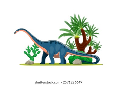 Shunosaurus prehistoric dinosaur character. Isolated cartoon vector ancient herbivore sauropod reptile animal in natural environment with rock, tree and plants. Mid Jurassic paleontology era lizard