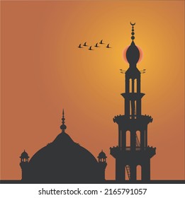 A shunset evening with mosque view, vector landscape art.