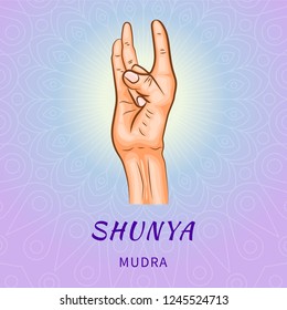Shunya mudra - gesture in yoga fingers. Symbol in Buddhism or Hinduism concept. Yoga technique for meditation. Promote physical and mental health. Vector illustration