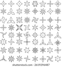 Ícone Shuriken definido como vetor. Coleção de sinais de ilustração Ninja. Símbolo ou logotipo de estrelas lançadoras.