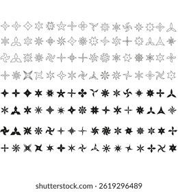 Ícone Shuriken definido como vetor. Coleção de sinais de ilustração Ninja. Símbolo ou logotipo de estrelas lançadoras.