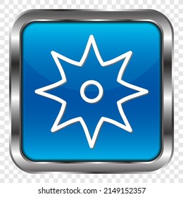 Icono simple de Shuriken. Diseño plano. Botón cuadrado azul metálico. cuadrícula transparente.ai