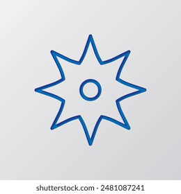 Shuriken simple icon. Flat design. Paper cut design. Cutted blue symbol with shadow. Gray background.ai