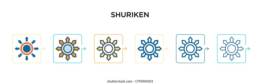 Shuriken vector icon in 6 different modern styles. Black, two colored shuriken icons designed in filled, outline, line and stroke style. Vector illustration can be used for web, mobile, ui