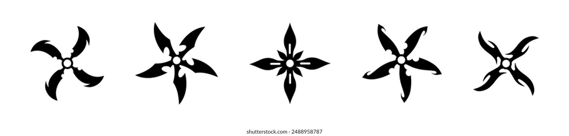 Iconos vectoriales Shuriken. Conjunto de iconos de silueta de cuchilla de lanzamiento Ninja.