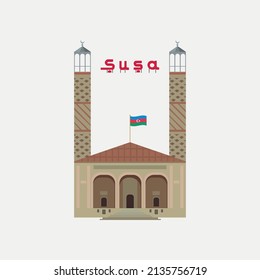 Shusha Ashagi Govhar aga mosque and Azerbaijan flag region Karabakh graphic element Illustration template design
