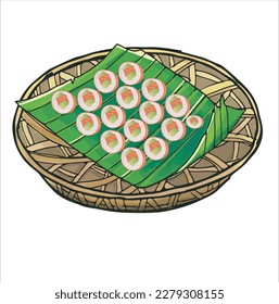 Shushi Japanese food with banana leaf plate vector illustration.Delicious nigiri sushi japanese food.