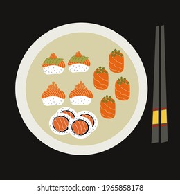 Shushi Japanese food plate complete with chopsticks vector ilustration.Delicious nigiri sushi japanese food.