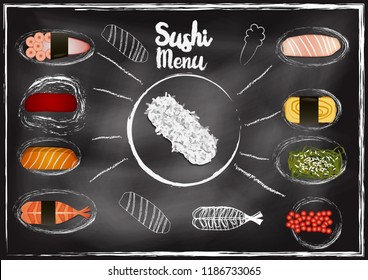 Shushi  toppings with chalkboard background 