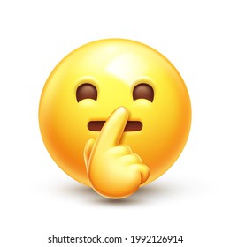 Shushing emoji. Hush and quiet emoticon, yellow face with index finger over pursed lips 3D stylized vector icon