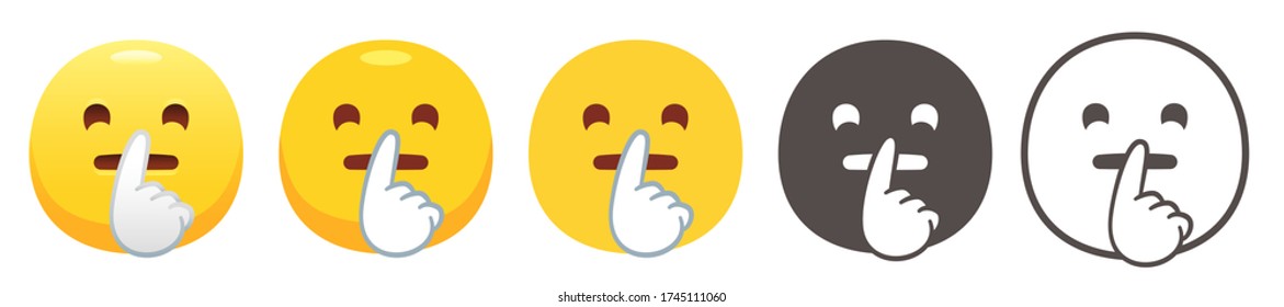 Shushing Emoji. Hush, Quiet Yellow Face With Finger Covering Closed Lips Flat Vector Icon Set